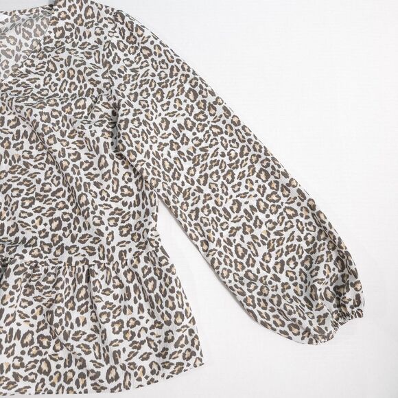 Nine West Leopard Animal Print V Neck Peplum Blouse Womens Large Crepe Chiffon - Picture 12 of 14